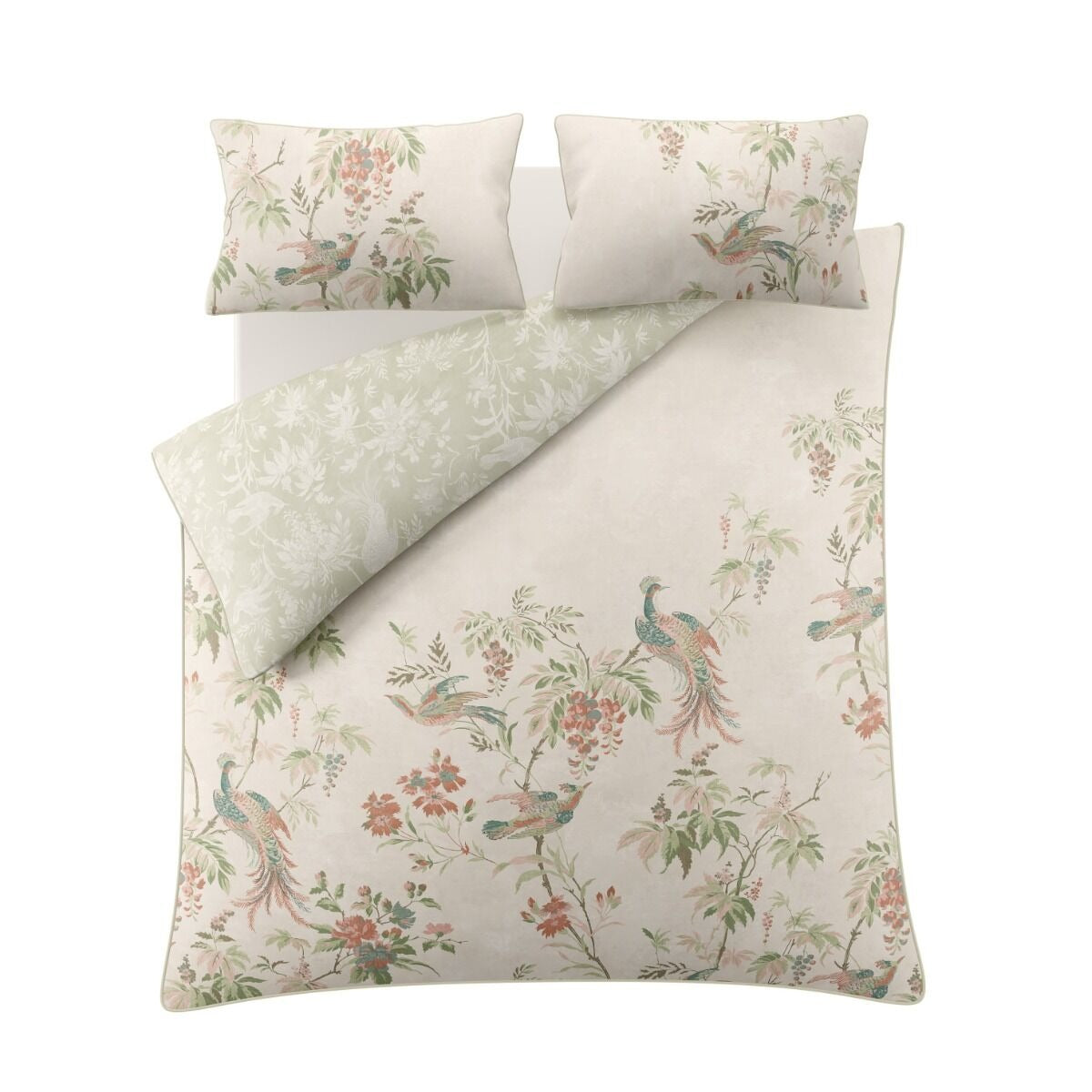 Floral bedding set with peacock design on a white background
