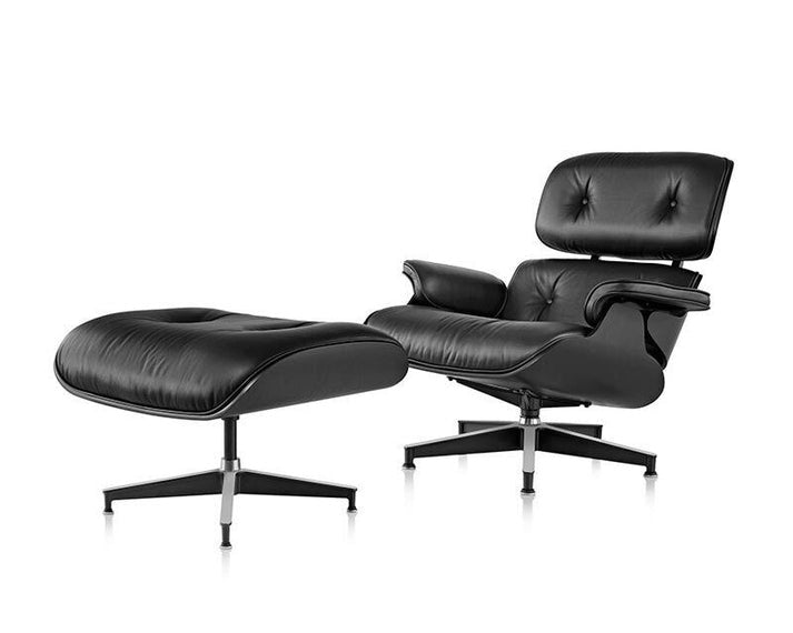 Black Leather Lounge Chair and Ottoman with Black Wood Trim