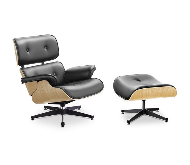 Black Leather lounge chair and ottoman, Oak trim