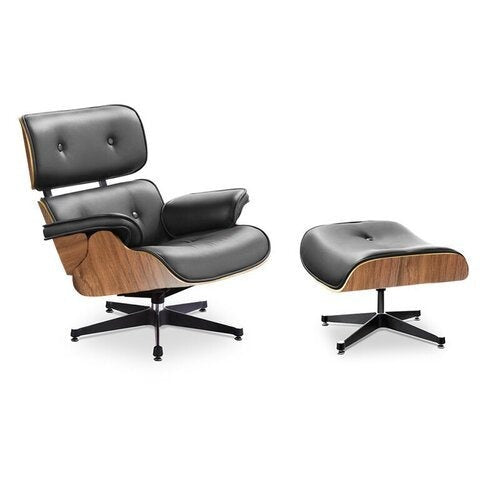 Black Lounge Chair and Ottoman, Walnut trim