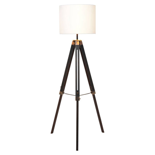 Black Coloured Wood Tripod Floor Lamp with White Linen Lamp Shade