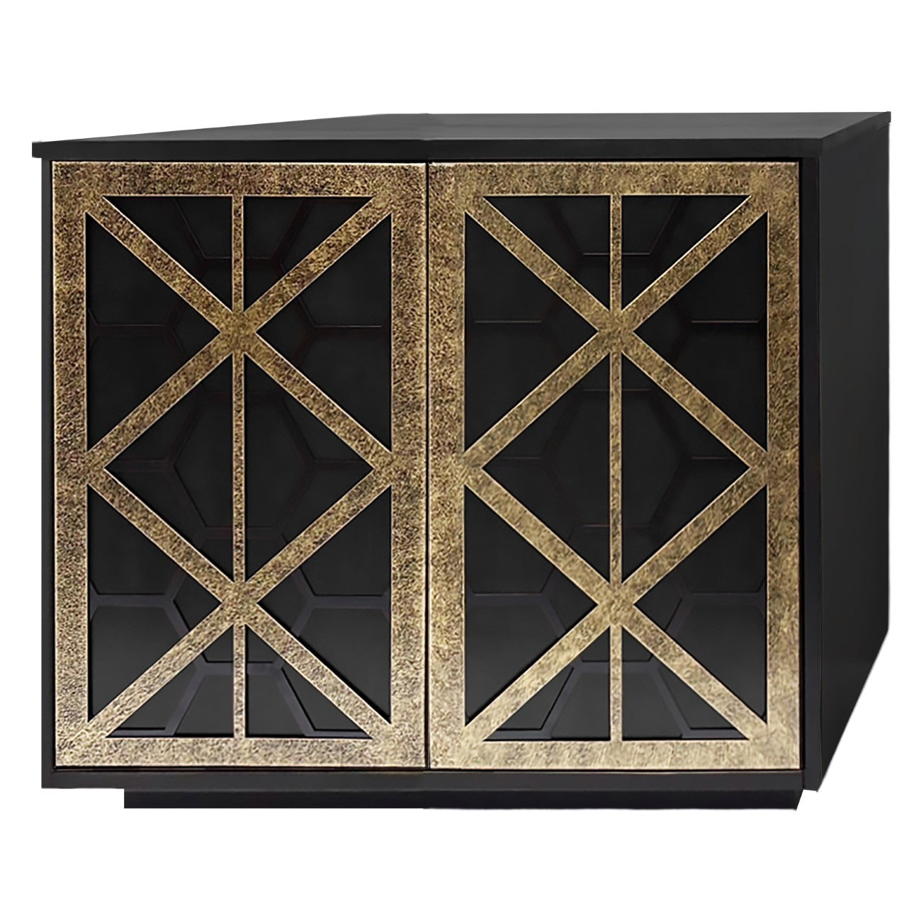 Black cabinet with gold geometric patterns on a white background