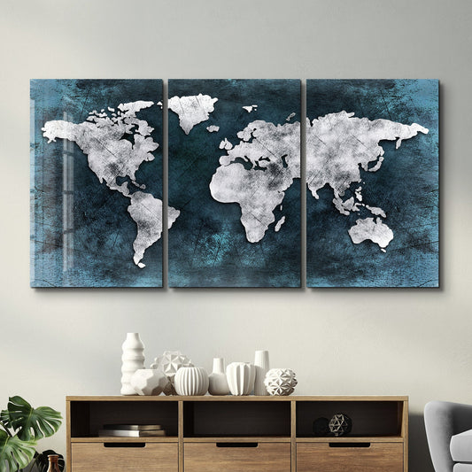 Blue and Silver Glass World Map Wall Art