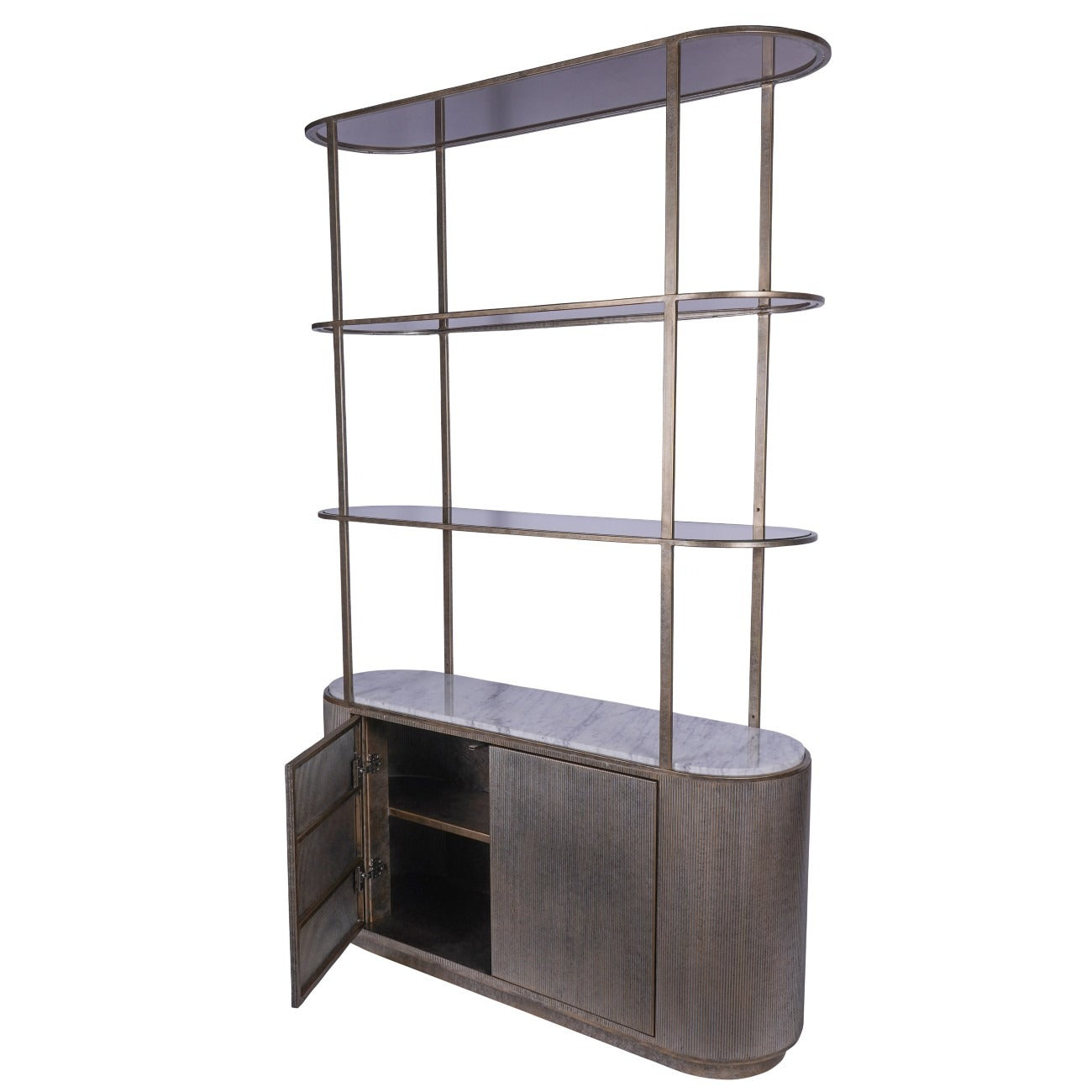 Modern shelving unit with glass shelves and a cabinet on a white background