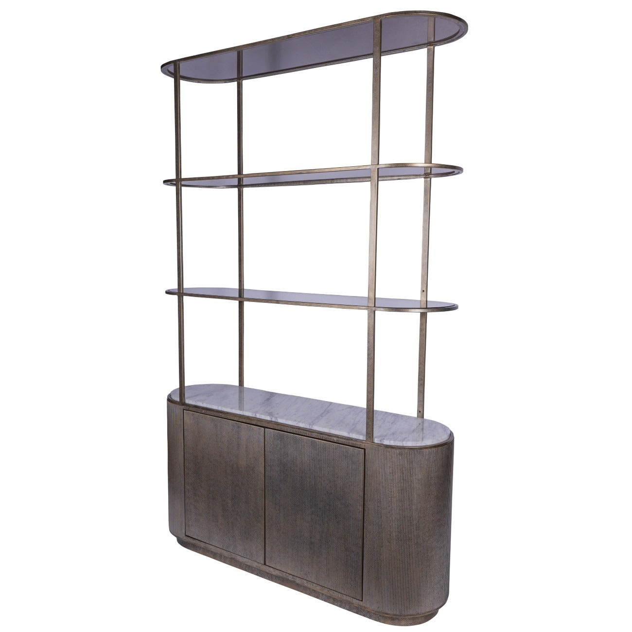 Modern bronze shelf with glass shelves on a white background