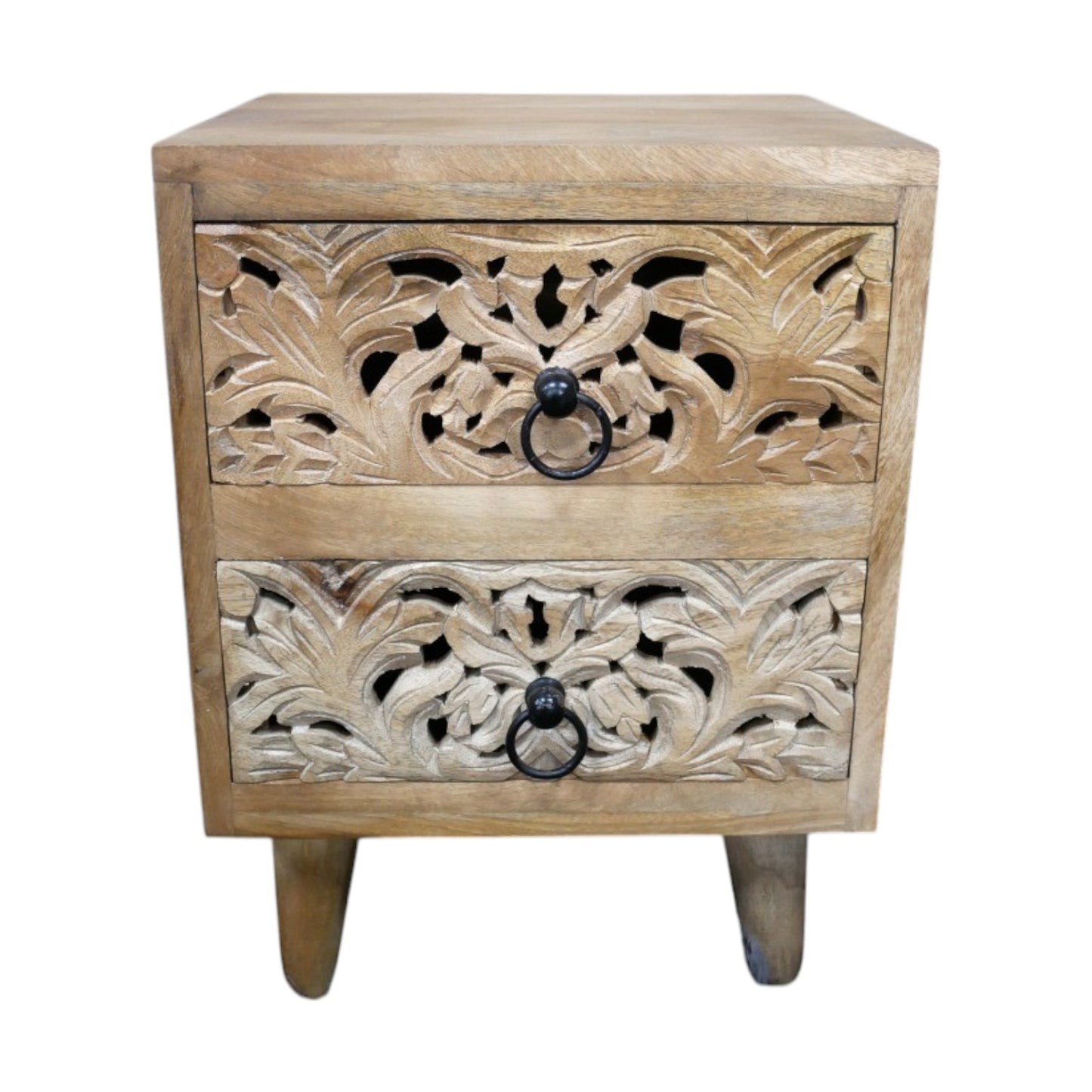 Compact bedside cabinet measuring 48cm in height, 36cm in width, and 37cm in depth, crafted from solid mango wood. Features two drawers with intricately hand-carved floral and geometric patterns on the fronts, finished in a natural wood tone. The cabinet's rustic design and rustic charm make it suitable for various interior styles, including bohemian, farmhouse, and eclectic decors.
