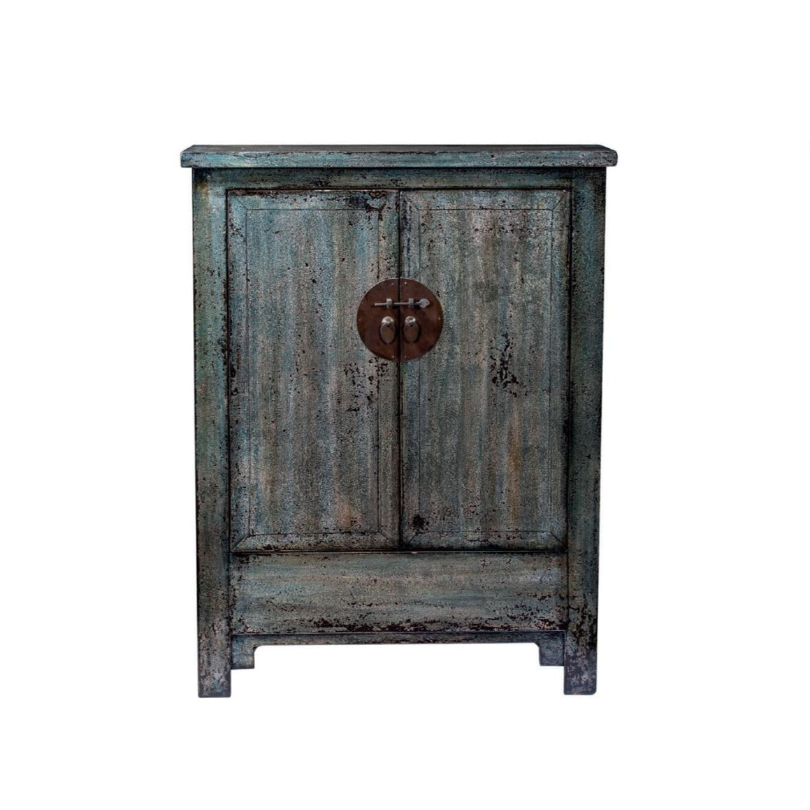 Elevate your space with this daring Chinoiserie Style Cabinet, crafted from solid wood and finished in a striking lacquer in either blue or green. Its sleek silhouette, inspired by Tsang design, pairs bold brass hardware with clean lines for a modern twist on traditional Eastern elegance. Behind two doors, three shelves provide flexible storage. Bring a unique storage option into your home.