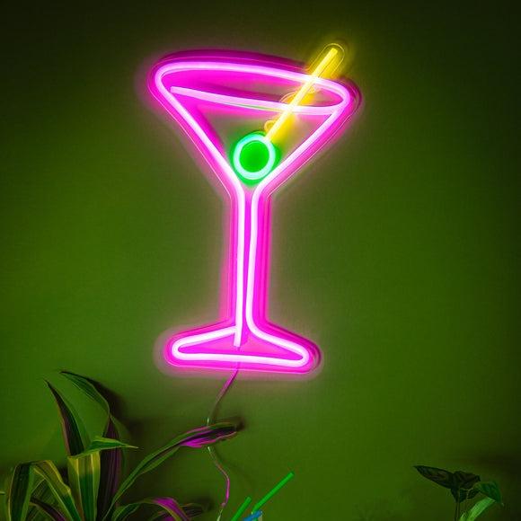 Pink Cocktail Glass and Green Olive Yellow Neon LED Light Sign USB Powered