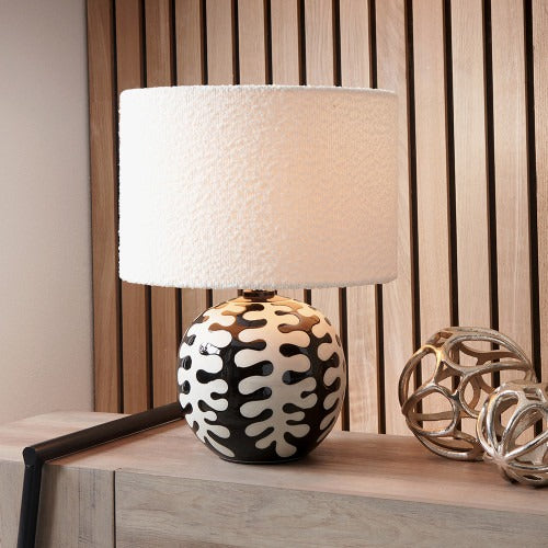 Cream Rowen Lampshade with Boucle texture on rounded lamp base.