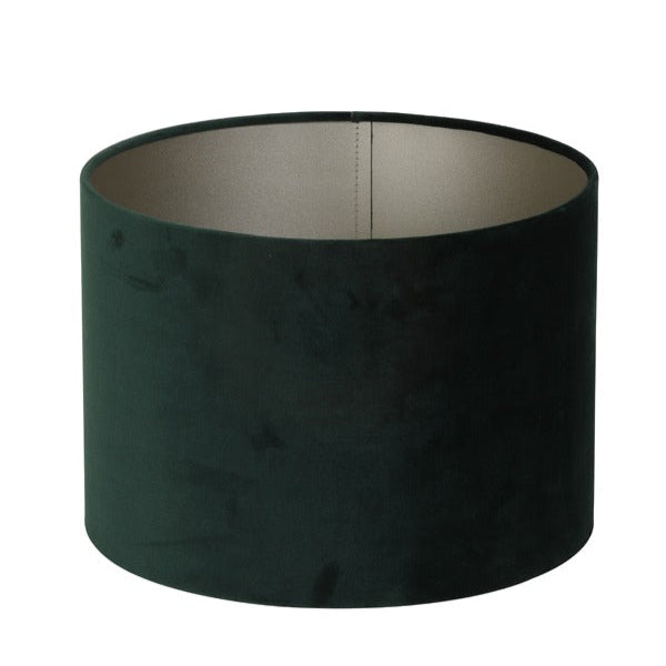 A velvet textured cylindrical lampshade in deep green, fitting an E27 bulb.