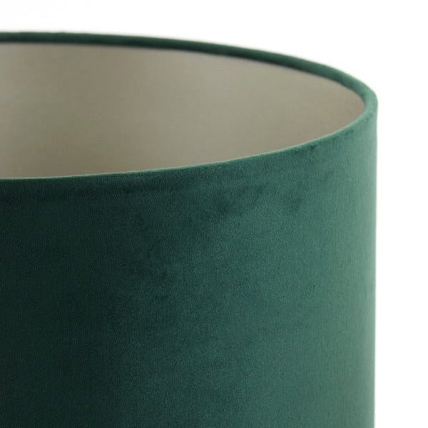 A velvet textured cylindrical lampshade in deep green, fitting an E27 bulb.