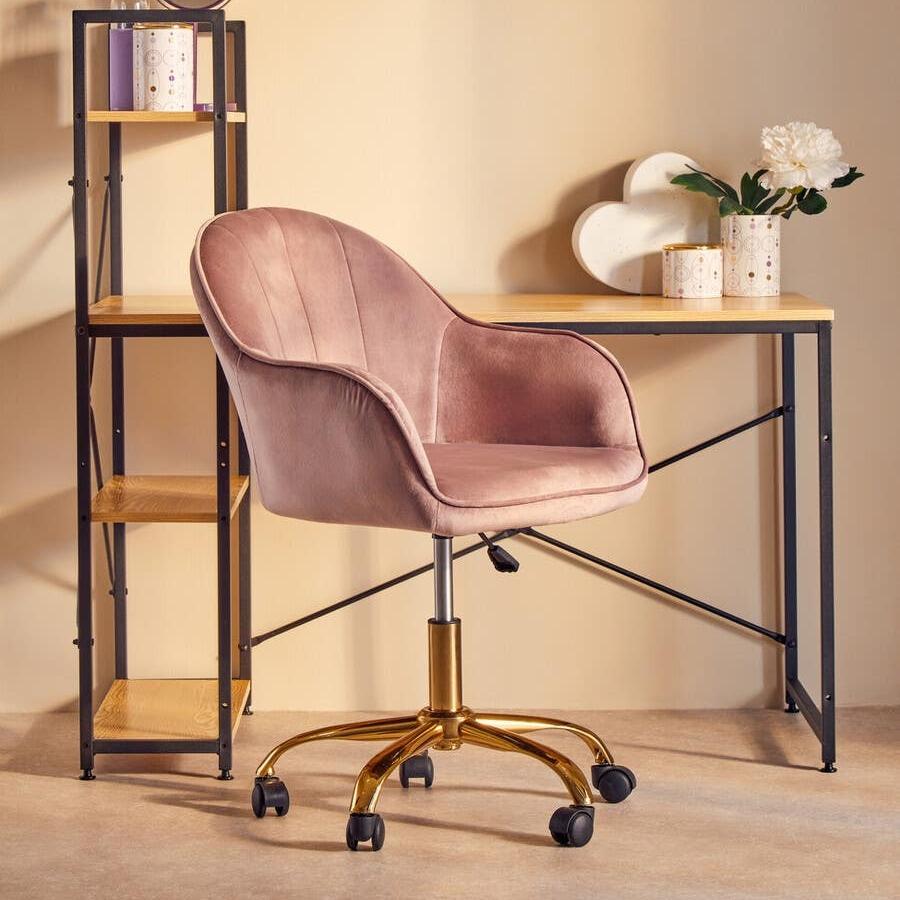 Dusty Pink Velvet Office Chair With Gold Legs and wheels, adjustable