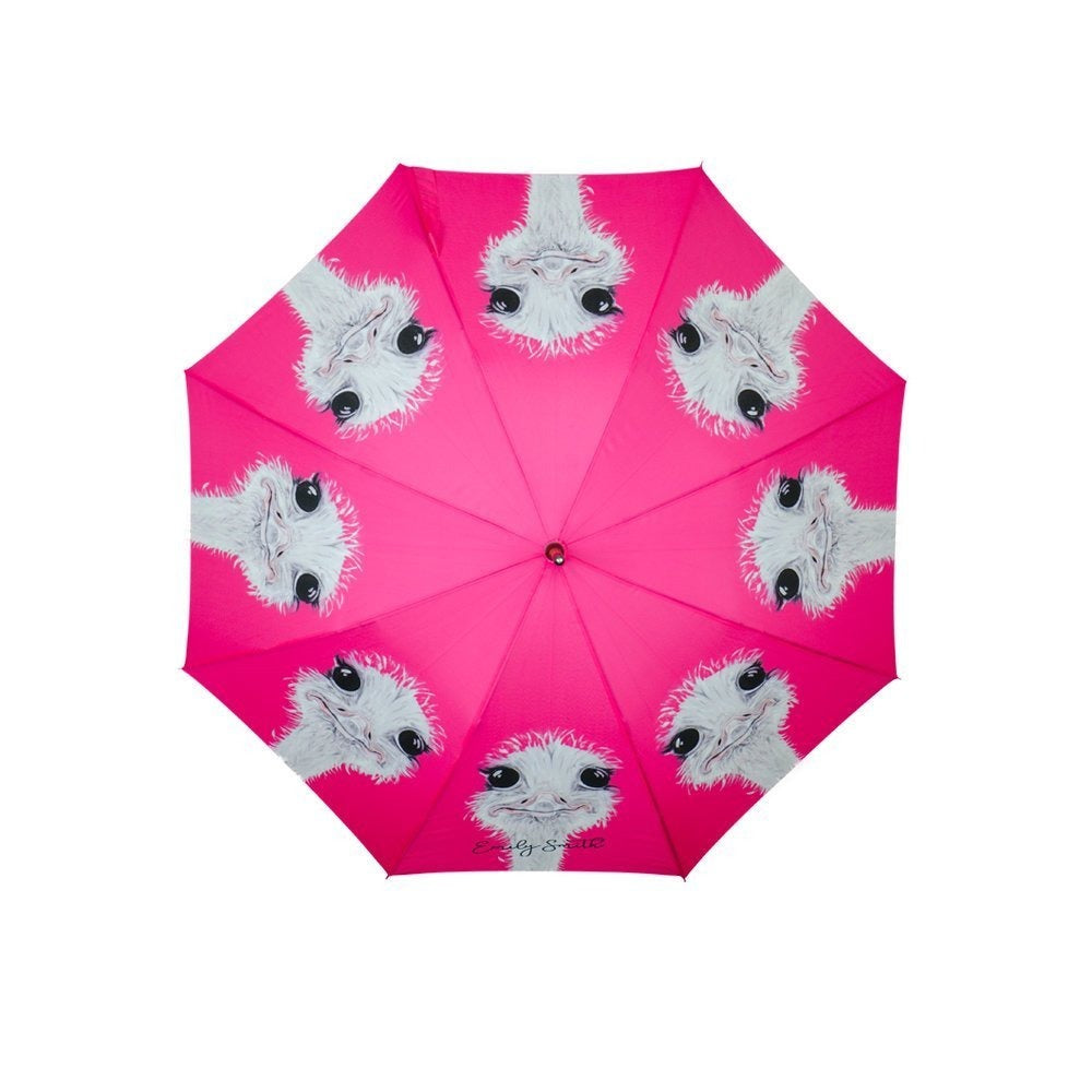 Pink umbrella with ostrich face pattern on a white background