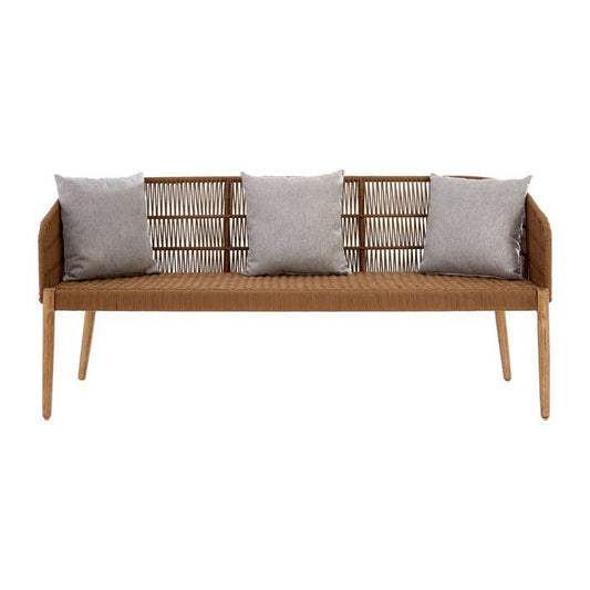Eucalyptus Wood Scandi Three Seater Sofa. Crafted with a durable eucalyptus wooden frame with rope detailing and curved seat.