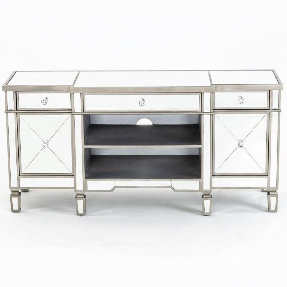 Decorative TV stand with mirrored finish and black shelf on a white background
