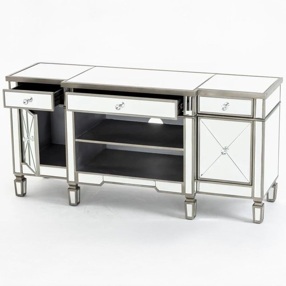 Silver mirrored desk with drawers on a white background