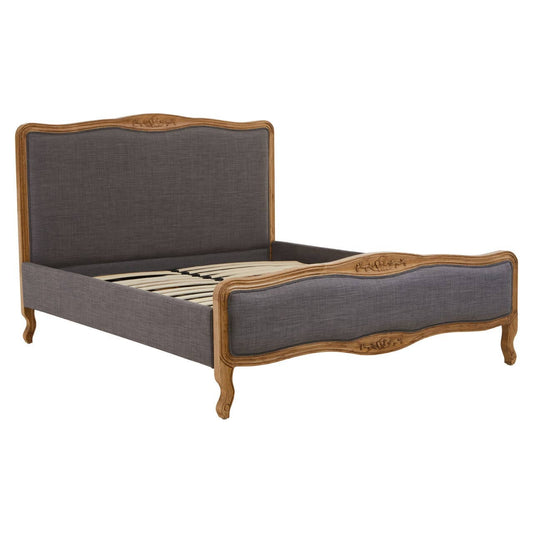 Oak Wood Kingsize Bed with Grey Upholstery, French style