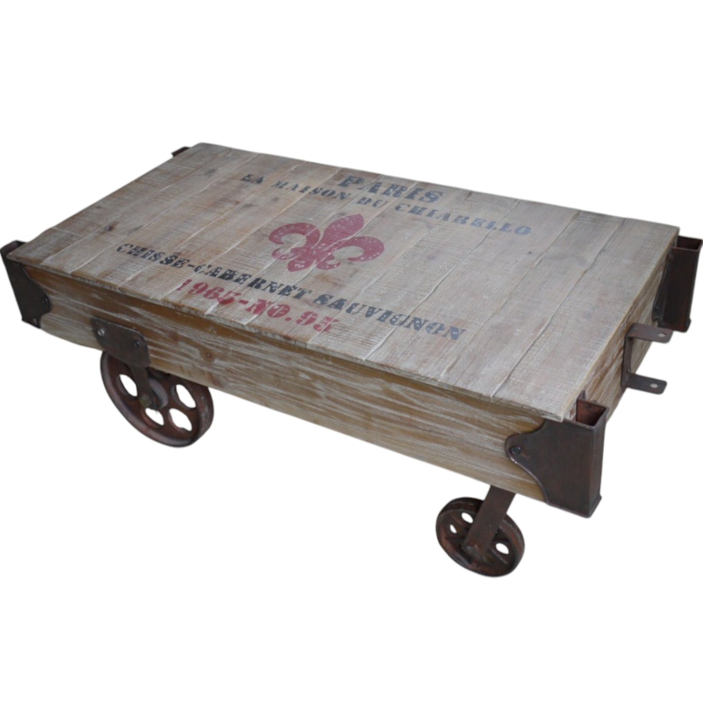 This bold French Railway Style Coffee Table commands attention with its charming, rustic presence. Made of reclaimed wood and adorned with vintage wine crate lettering, it blends tradition with a fun flair. Iron accents and four sturdy wheels enhance its rustic industrial charm, making it a striking centrepiece that transforms any living room into a stylish statement space!
