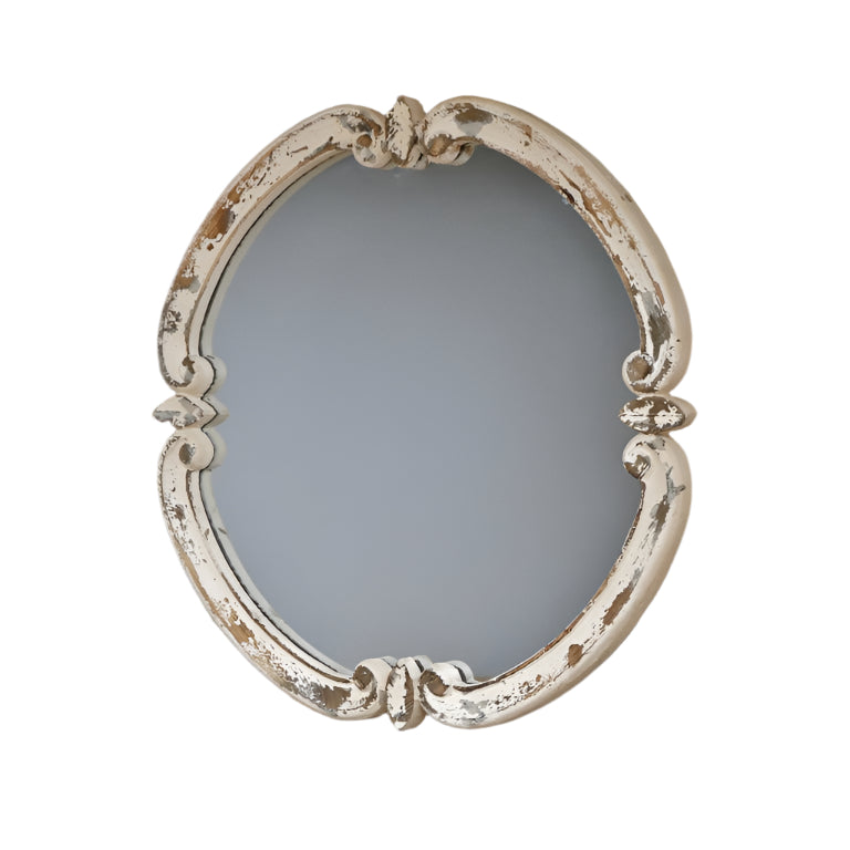 Elevate your space with this exquisite French Style Curved Wall Mirror, finished in rustic, weathered cream. Its bold curved circular shape and striking conjoined segments create a unique, eye-catching design that breaks away from the ordinary. Perfect for adding character and a touch of rustic elegance to your living room, hallway, or bedroom, this mirror transforms any wall into a statement of originality and style.