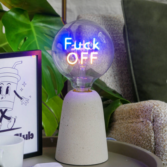 E27 Edison Screw Bulb with filament text reading Fuck off, the word 'fuck' in blue and 'off' in yellow