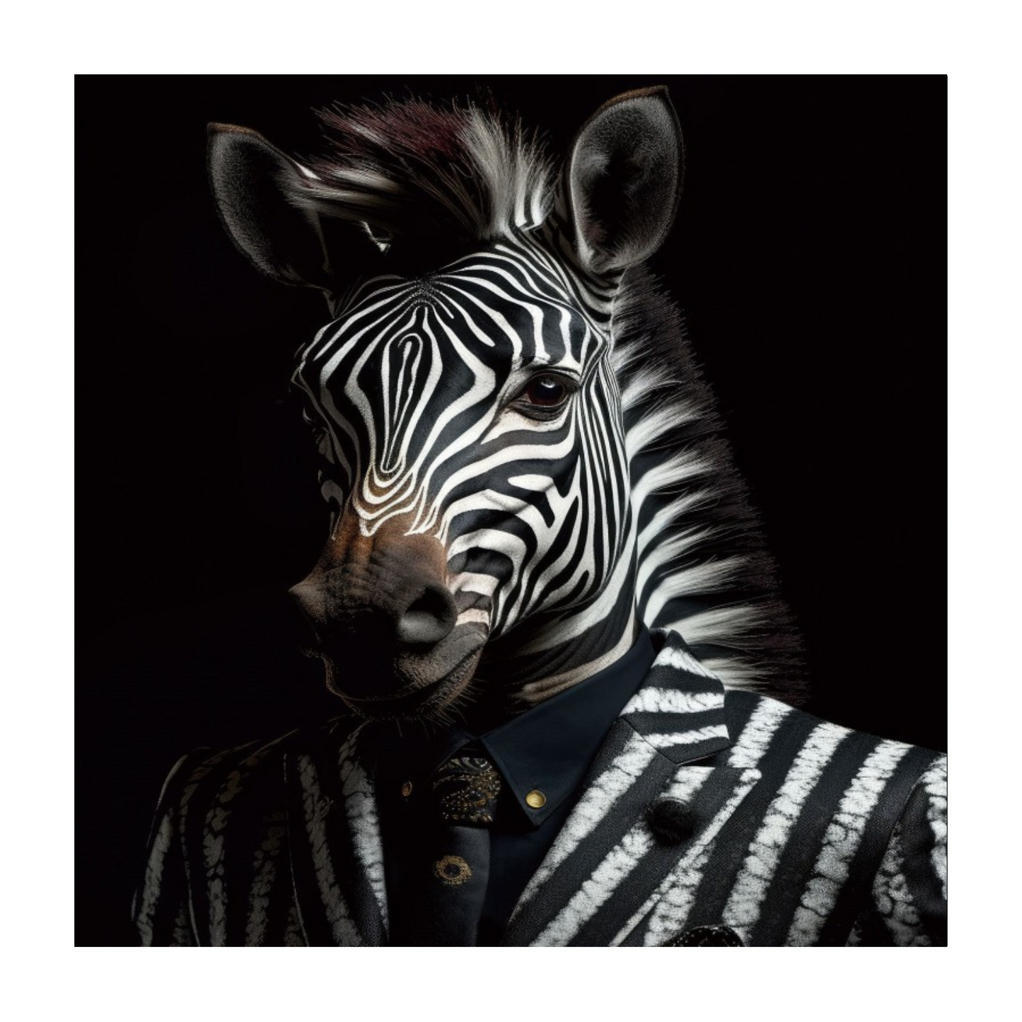 Square tempered glass wall art measuring 30cm by 30cm, featuring a dapper zebra wearing a stripy suit, set against a black background. The zebra's bold lines and funky outfit create a striking contrast, making this tempered glass print a standout piece for modern or eclectic interiors!