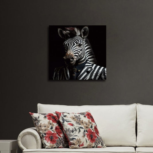 Square tempered glass wall art measuring 30cm by 30cm, featuring a dapper zebra wearing a stripy suit, set against a black background. The zebra's bold lines and funky outfit create a striking contrast, making this tempered glass print a standout piece for modern or eclectic interiors!