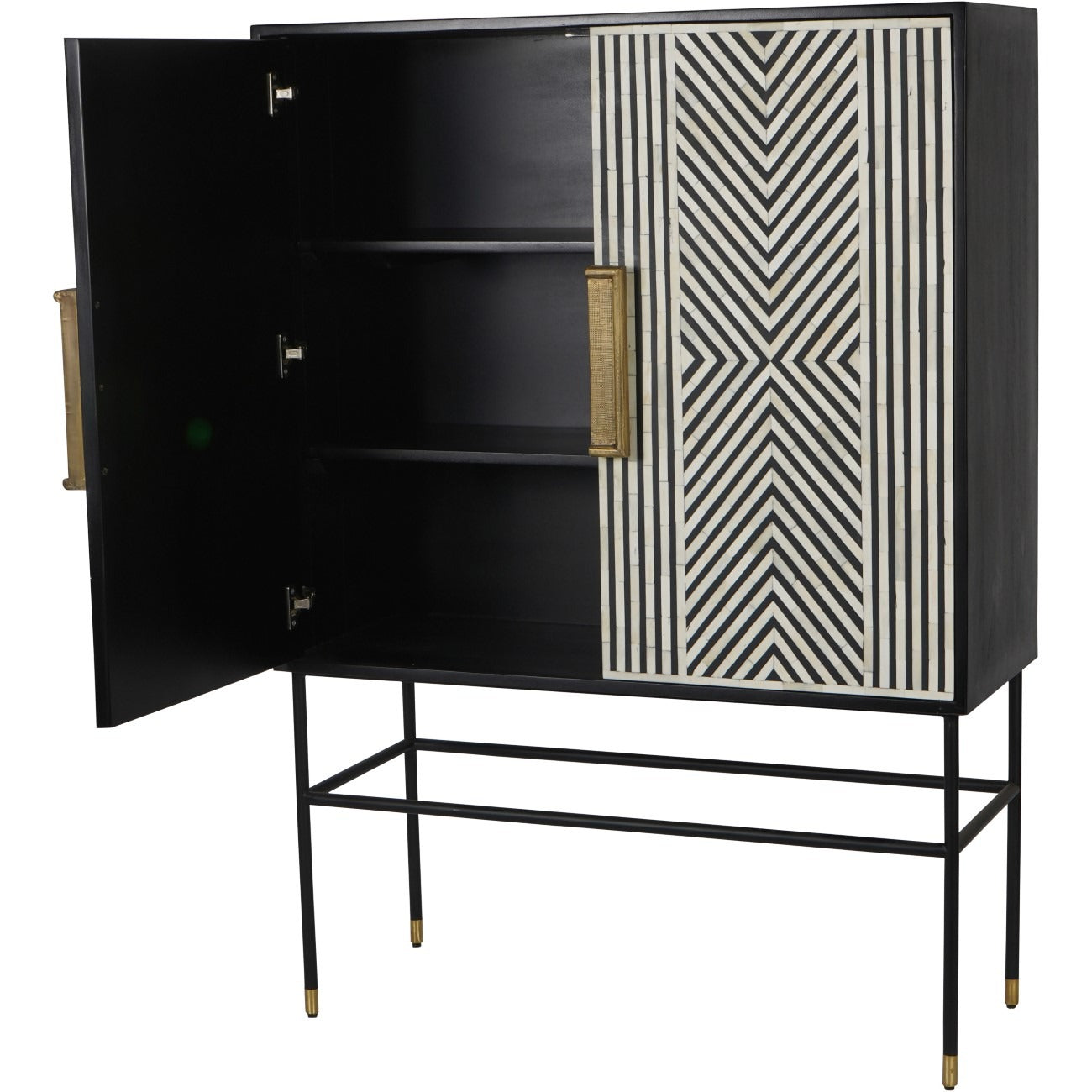 Black cabinet with geometric patterned door on a white background