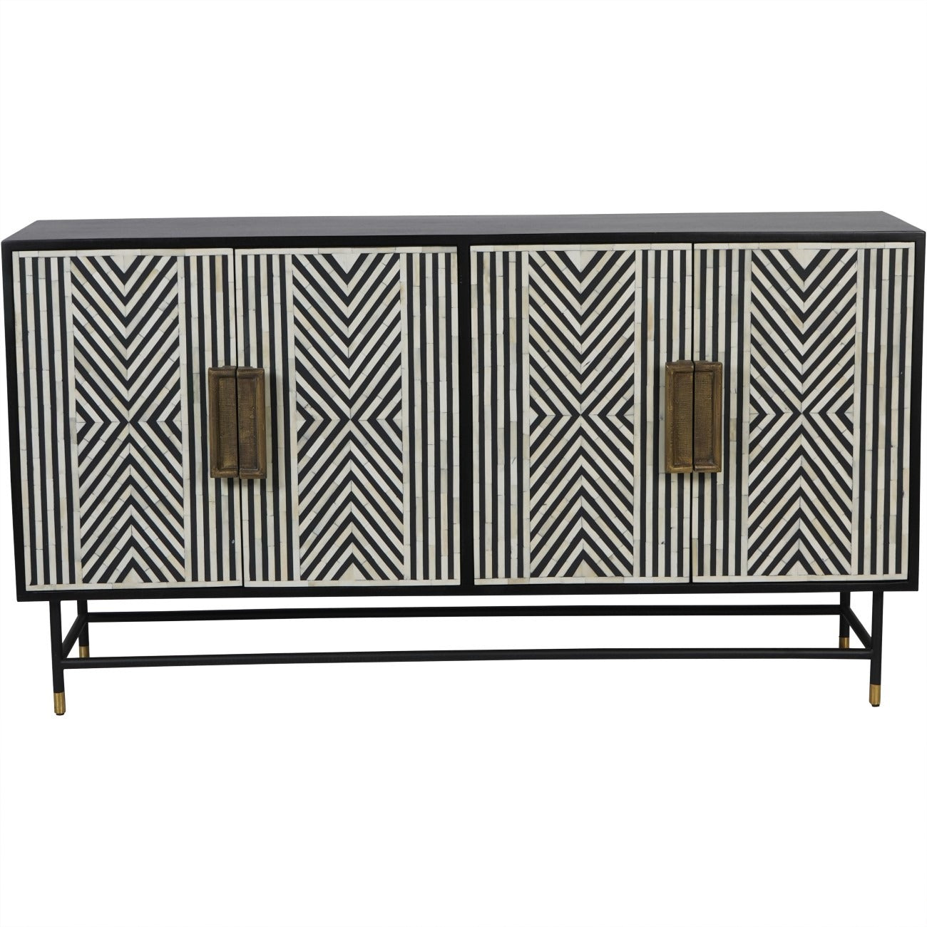 Cabinet with black and white chevron pattern and gold handles on a white background