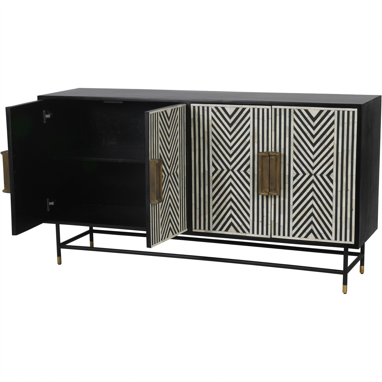 Black cabinet with geometric patterned doors on a white background