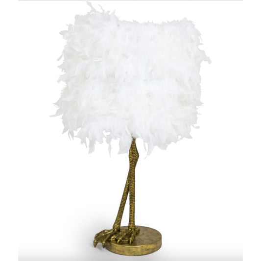 Gold Bird Flamingo Leg Table Lamp with White Feather Shade. Quirky lamp
