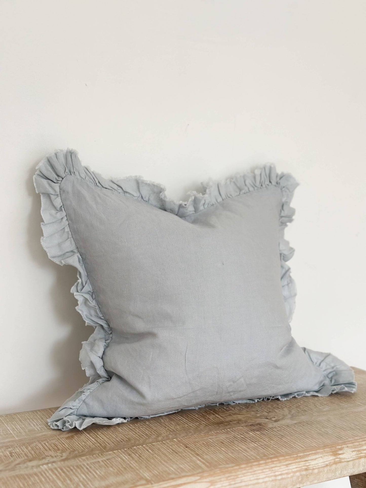 Dusty Blue Ruffled Linen Cushion