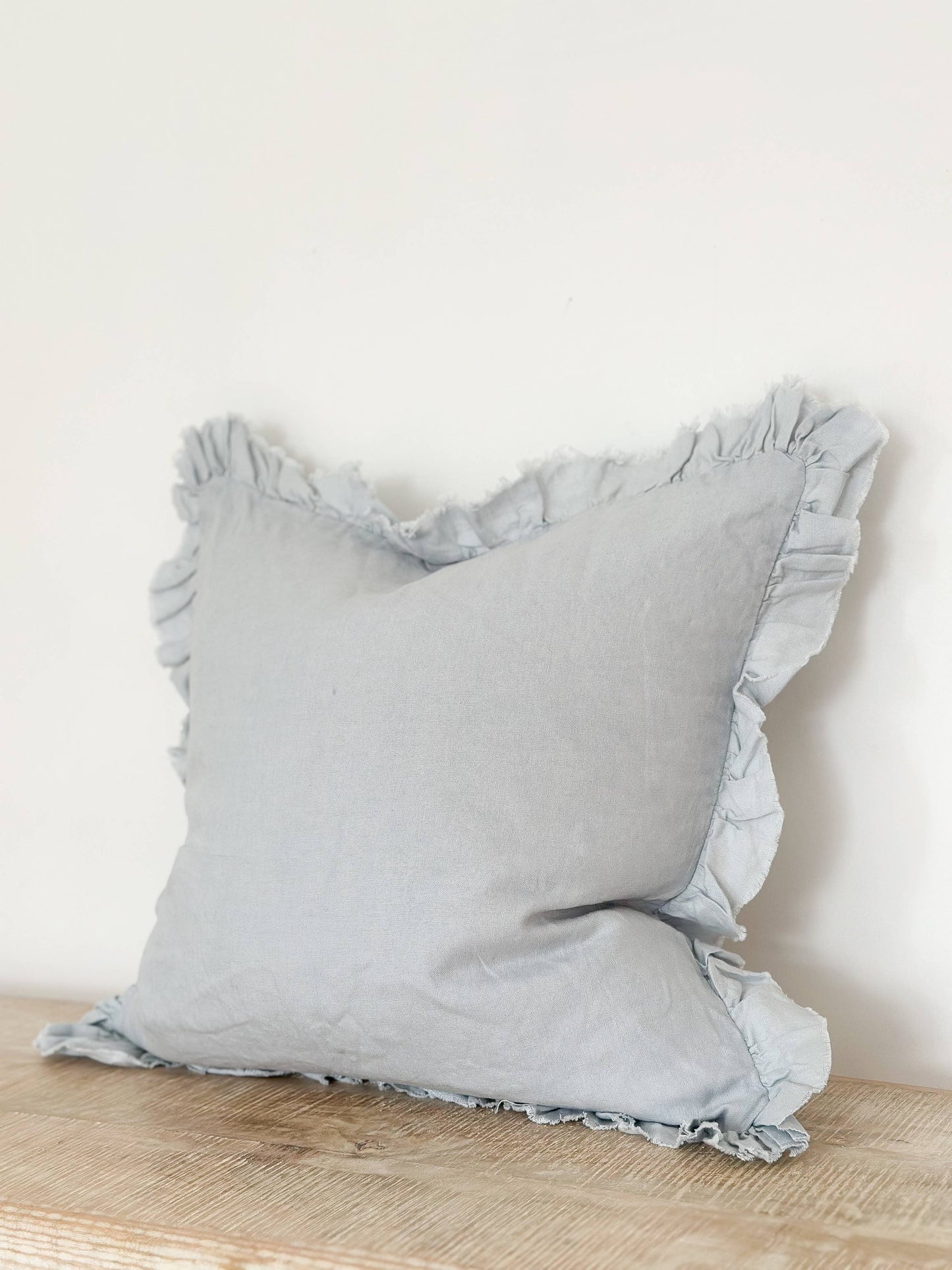 Dusty Blue Ruffled Linen Cushion