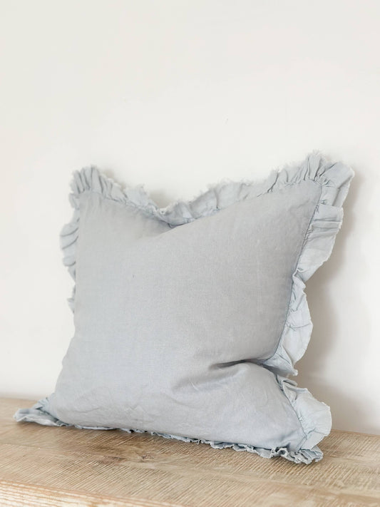 Dusty Blue Ruffled Linen Cushion