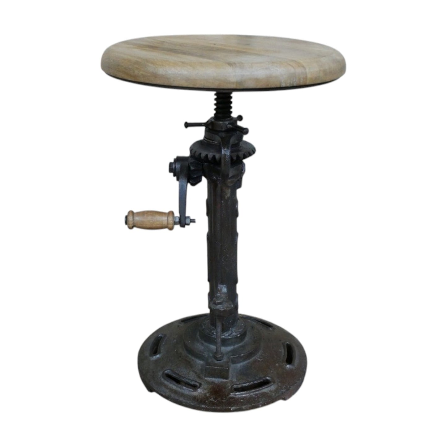 Adjustable-height industrial stool with a round mango wood seat and black iron base, measuring 30cm in diameter. The seat height ranges from 46cm to 60cm, allowing for versatile use. The stool's minimalist design and combination of natural wood and metal materials make it suitable for various interior styles, including industrial, rustic, and contemporary decors.