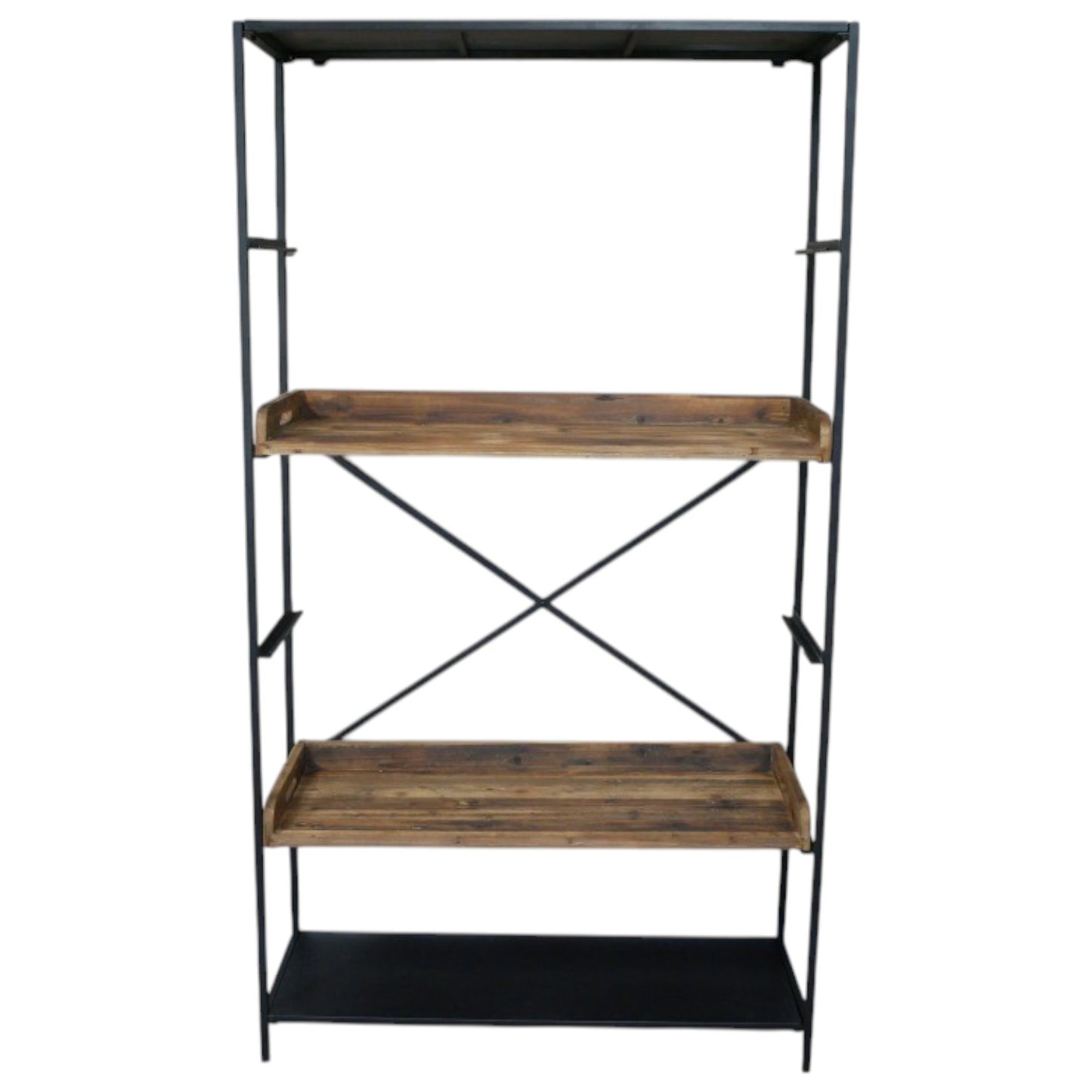 Tall industrial-style shelving unit measuring 200cm in height, 110cm in width, and 40cm in depth. Constructed with a sturdy black iron frame and five spacious reclaimed wood shelves, the unit showcases a blend of rustic and industrial aesthetics. The natural wood finish highlights the unique grain patterns, while the metal framework provides durability and a contemporary edge. This versatile piece complements various interior styles, including industrial, rustic, and modern farmhouse decor styles.