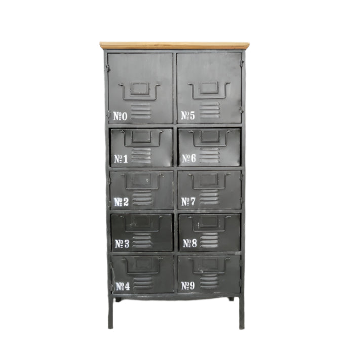 Tall industrial-style cabinet measuring 111cm in height, 56cm in width, and 34cm in depth. Constructed with a metal frame and a rustic wooden top, this piece features eight drawers and two doors, all finished with a distressed look. The combination of metal and wood elements gives it a vintage industrial aesthetic, making it suitable for various interior styles, including loft, industrial, and rustic decors.