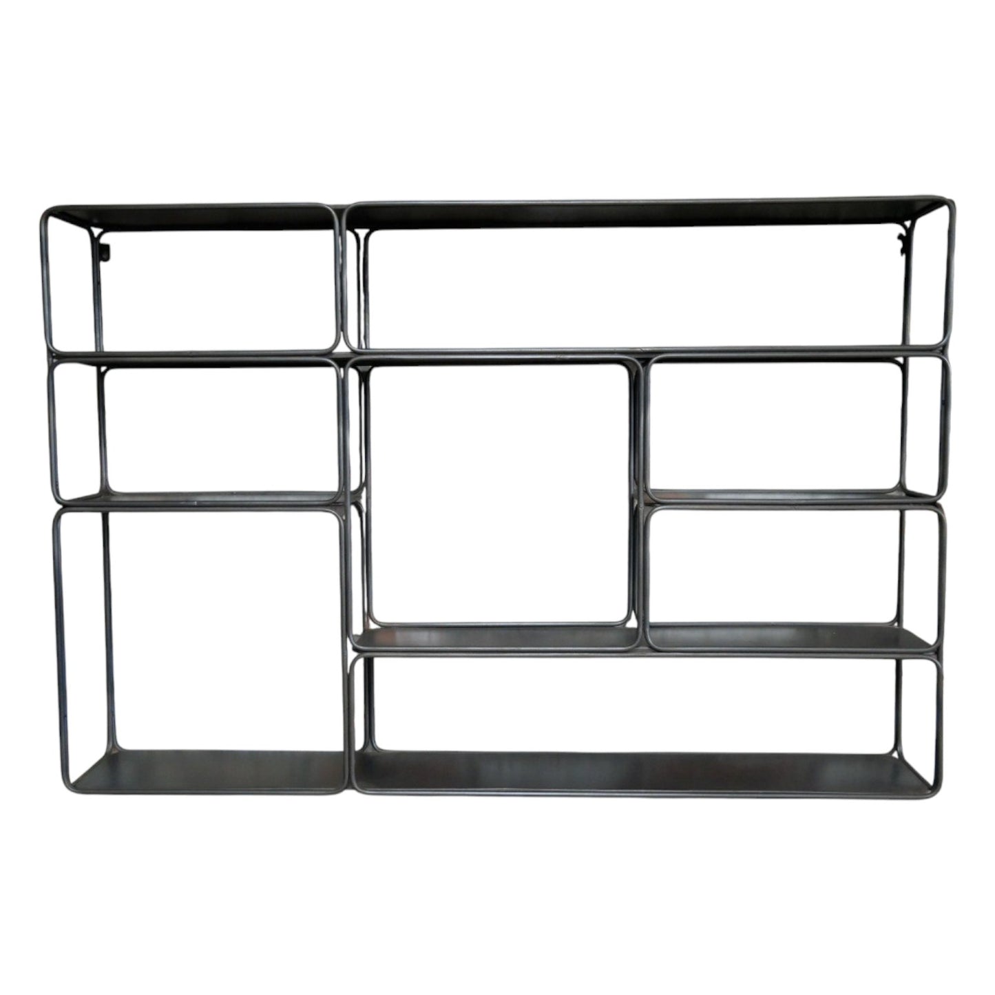 This Industrial Metal Wall Shelf Unit features asymmetrical shelves of varying sizes, creating a unique and stylish storage solution. The durable metal construction adds an authentic industrial touch to your space. Perfect for displaying treasured items while complementing rustic or modern decor themes in any room of your home!