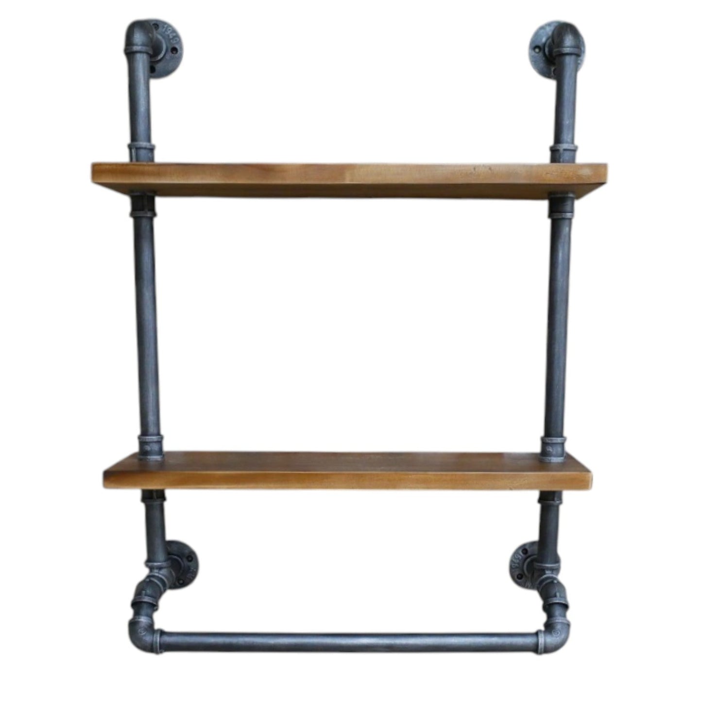Our Industrial Pipe Wall Shelf boldly combines rugged steel grey metal pipes with warm solid wood shelves, creating a striking urban statement. The dark pipe frame brings an industrial vibe, while the rich wood shelves soften the look, balancing raw and refined. Perfect for showcasing your unique decor, this wall-hung unit features four sturdy fixing plates for secure hanging.