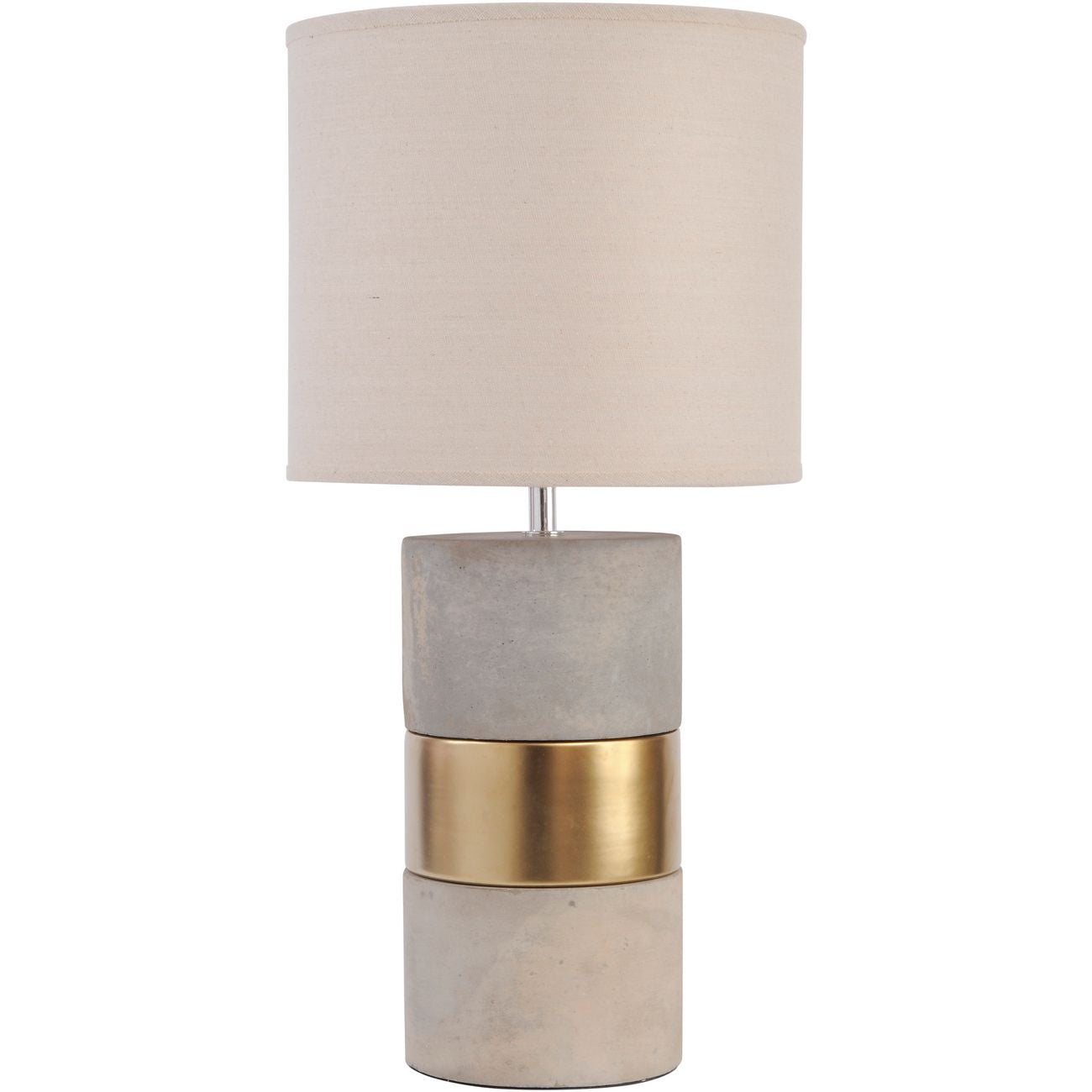 A table lamp with a porcelain base featuring a gold band, a beige lampshade, and a silver metal insert.