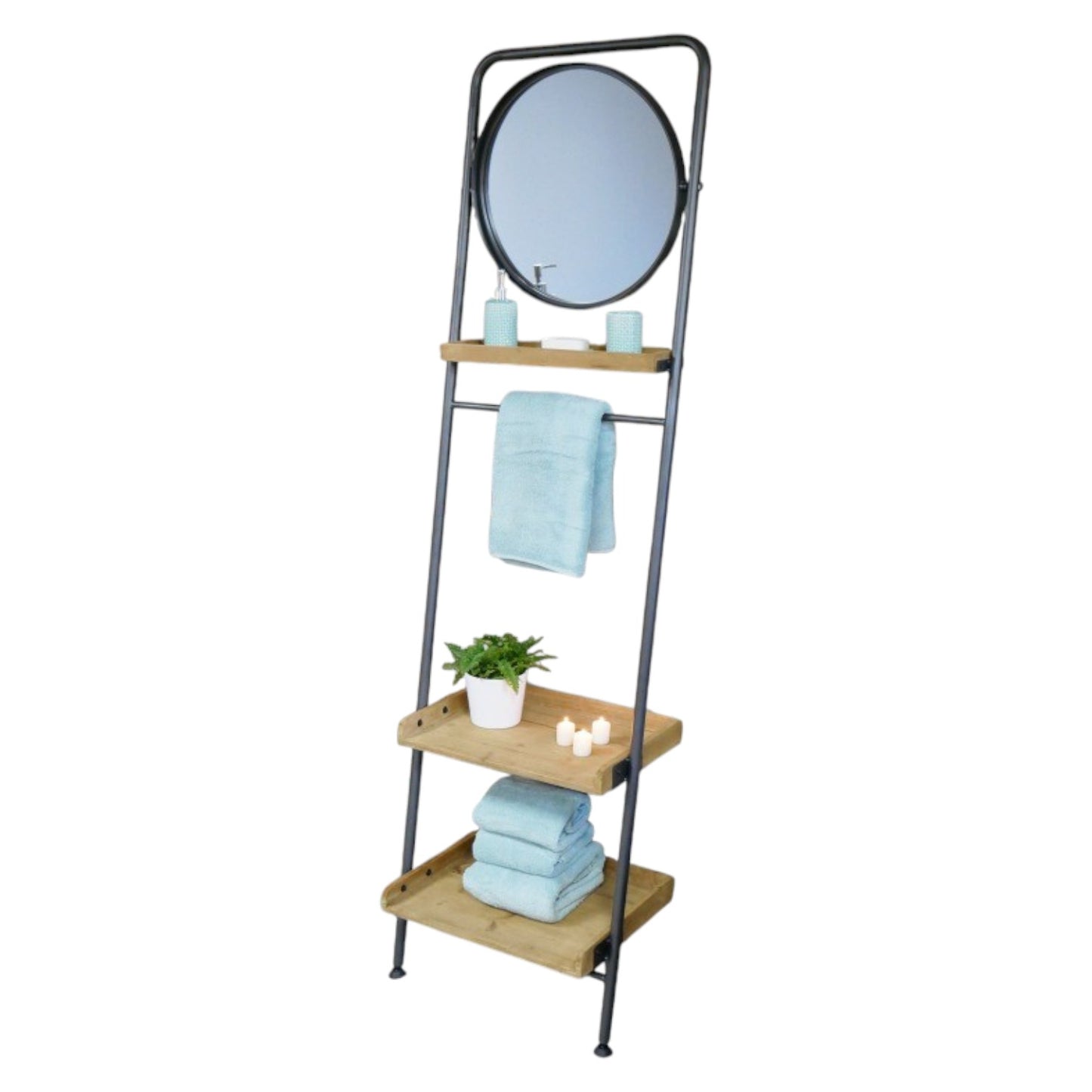 Add a warm, industrial touch to your space with this Industrial Leaning Mirror Shelf. Crafted from reclaimed wood, featuring three shelves and a hanging rail. Its rustic charm and natural imperfections bring character to any room, whether in your study, bathroom, or bedroom. This versatile piece combines practical storage with stylish design, helping you keep your essentials organised and within easy reach!