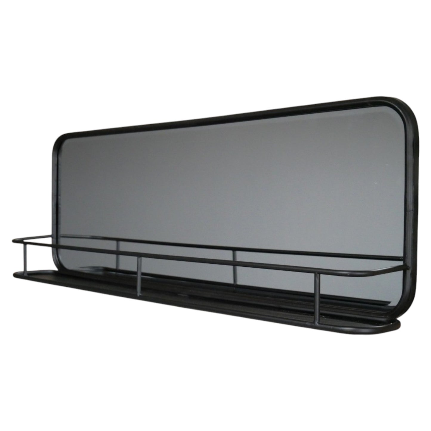 Transform your wall with the Industrial Wall Mirror With Shelf. The unique rectangular shape creates a welcoming focal point while the sturdy black metal frame adds a touch of modern industrial charm to your home. Includes a convenient built-in shelf so you can easily display your cherished items! This versatile mirror fits effortlessly into modern homes, and it even works in more rustic environments. Combine style with function!