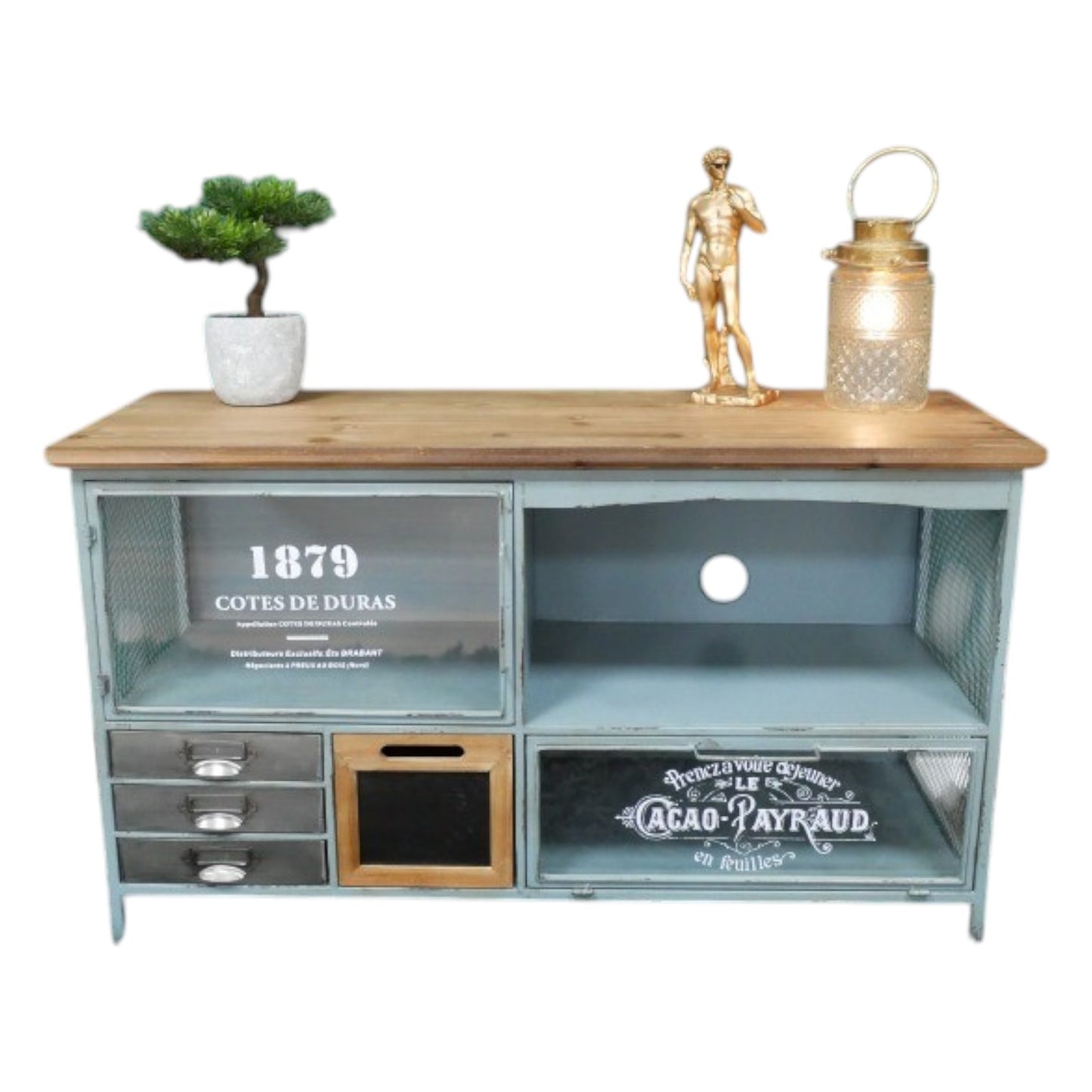 Elevate your living space with this Industrial Wood TV Bench, crafted from sturdy metal and blue-painted reclaimed wood. Designed to offer ample storage, it features drawers and cupboards; perfect for organising your TV accessories. A pre-cut round hole keeps wires tidy, while the spacious counter-top accommodates both small and wide-screen TVs, combining practicality with industrial charm! Ideal for rustic, industrial, or even coastal inspired home decor due to its soft blue colour.