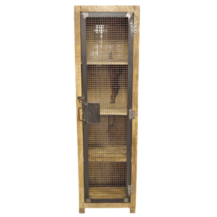 This Industrial Wood and Metal Cabinet combines rustic mango wood with durable metal for a stylish, practical storage solution. Featuring four compartments visible through a metal mesh door secured by a unique chain lock, it offers both elegance and security. Its industrial-worn metal fittings and sturdy wooden legs ensure stability, making it ideal for living rooms, hallways, or bedrooms.
