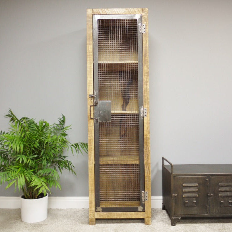 This Industrial Wood and Metal Cabinet combines rustic mango wood with durable metal for a stylish, practical storage solution. Featuring four compartments visible through a metal mesh door secured by a unique chain lock, it offers both elegance and security. Its industrial-worn metal fittings and sturdy wooden legs ensure stability, making it ideal for living rooms, hallways, or bedrooms.