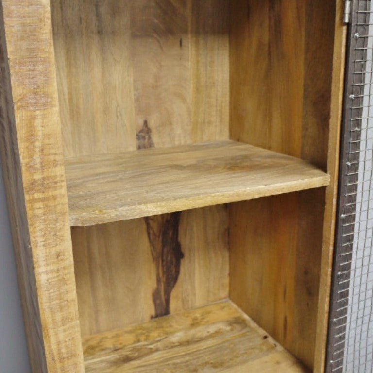 This Industrial Wood and Metal Cabinet combines rustic mango wood with durable metal for a stylish, practical storage solution. Featuring four compartments visible through a metal mesh door secured by a unique chain lock, it offers both elegance and security. Its industrial-worn metal fittings and sturdy wooden legs ensure stability, making it ideal for living rooms, hallways, or bedrooms.