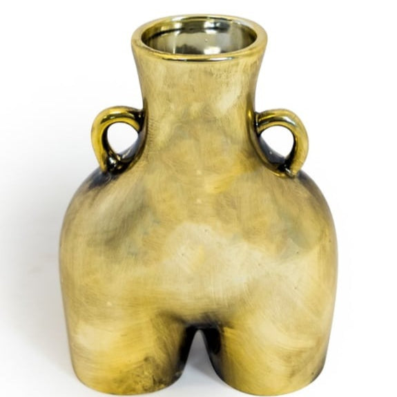 Gold Ceramic Vase With Bum detailing, cheeky, fun. The front of the vase showing a flat design and leg