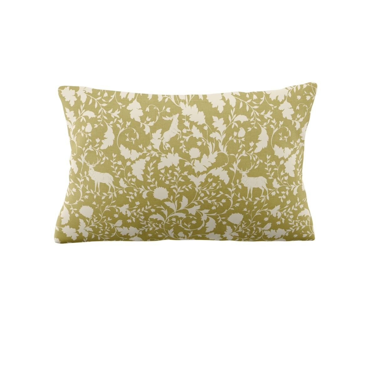 Decorative pillow with a floral and deer pattern on a white background
