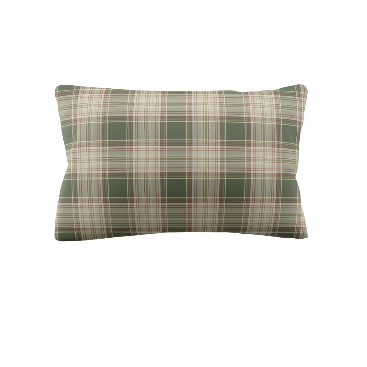 Plaid pillow with green and beige pattern on a white background