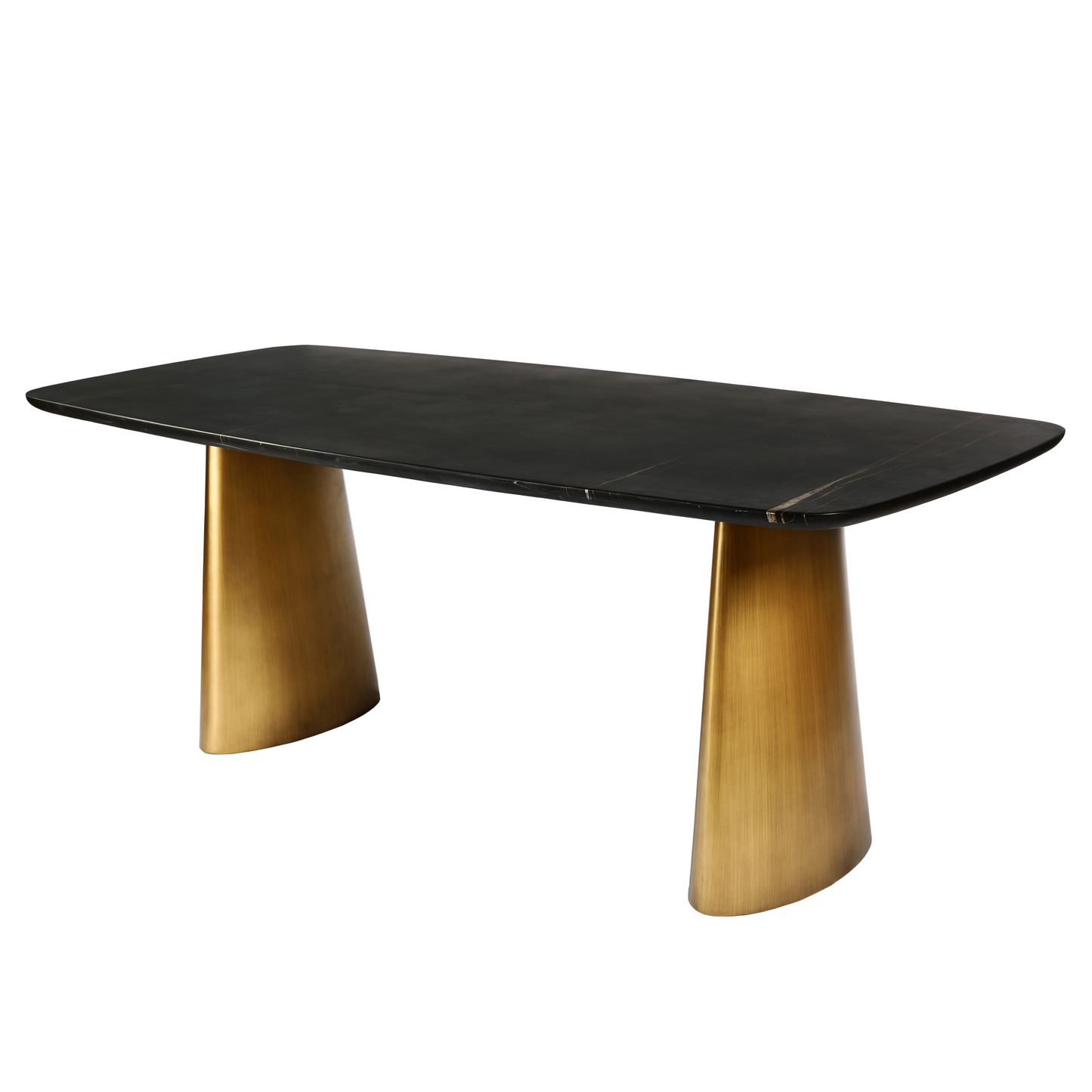 Black dining table with gold legs on a white background