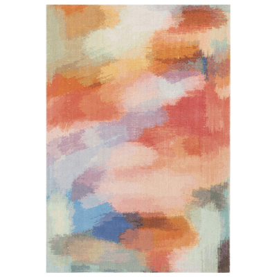 A rectangular wool rug with a modern watercolor design featuring a blend of warm and cool colors on a white background.